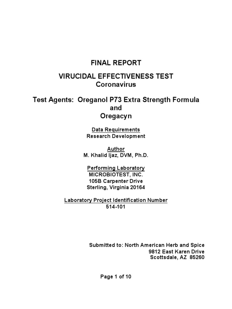 Final Report Virucidal Effectiveness Test Coronavirus Test Agents
