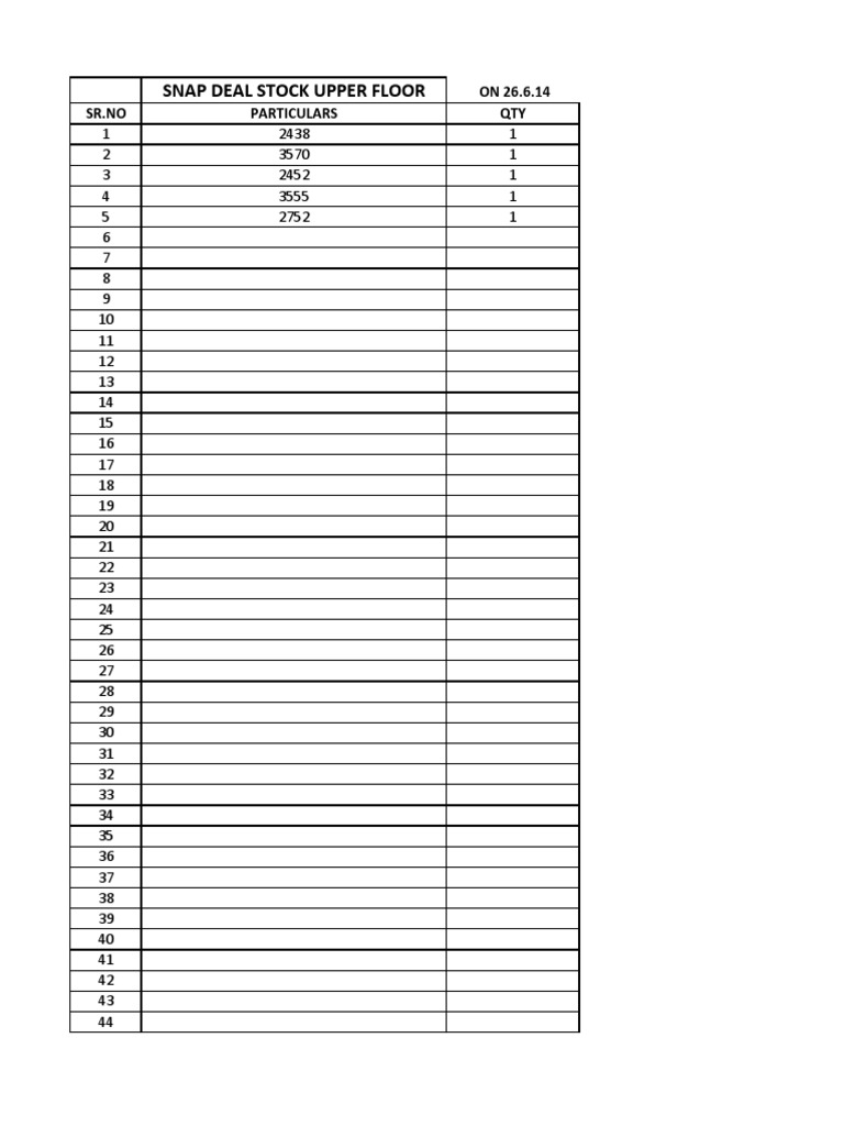 Snap Deal Stock Upper Floor: ON 26.6.14 SR - No Particulars QTY | PDF