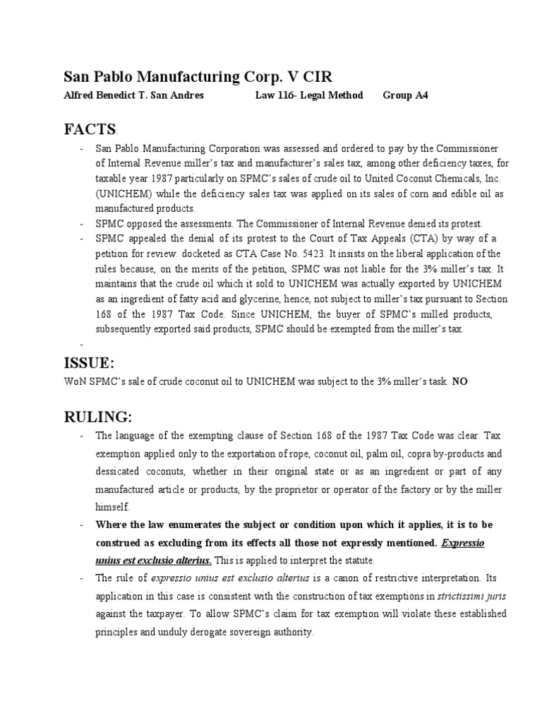 San Pablo Manufacturing Corp. V CIR Miller's Tax Exemption for Crude