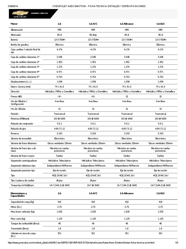 Chevrolet Aveo Emotion Ficha Tecnica_ Detalles y Especificaciones