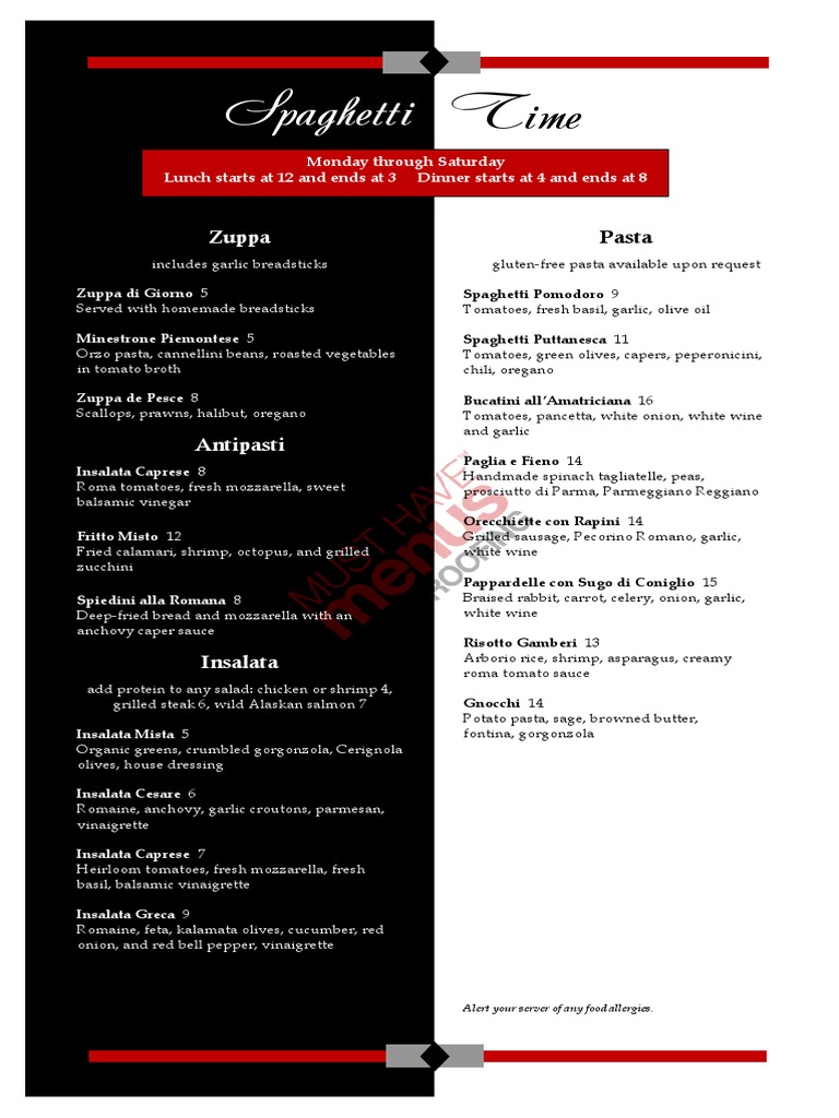 Italian Restaurant Menu: Pasta & Salads | PDF