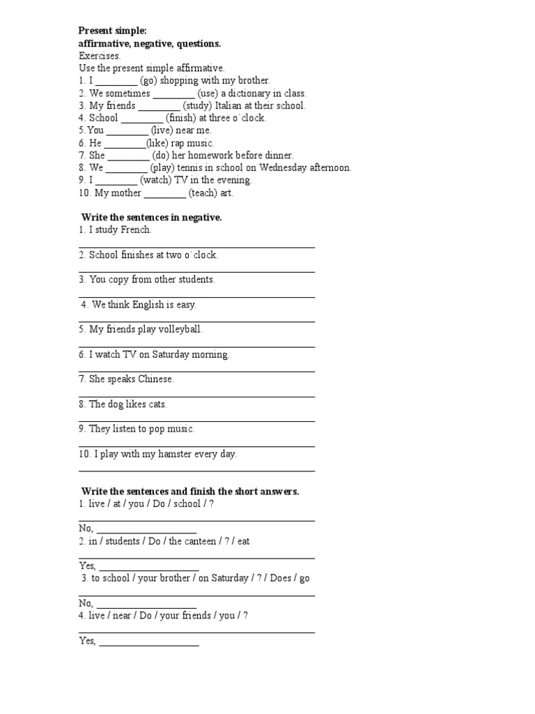 Present Simple Exercises: Affirmative & Negative | PDF | Language Arts ...