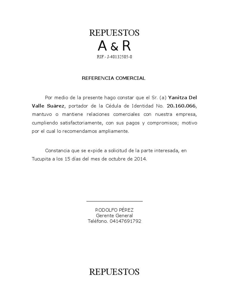 Modelo Carta De Referencia Comercial 2