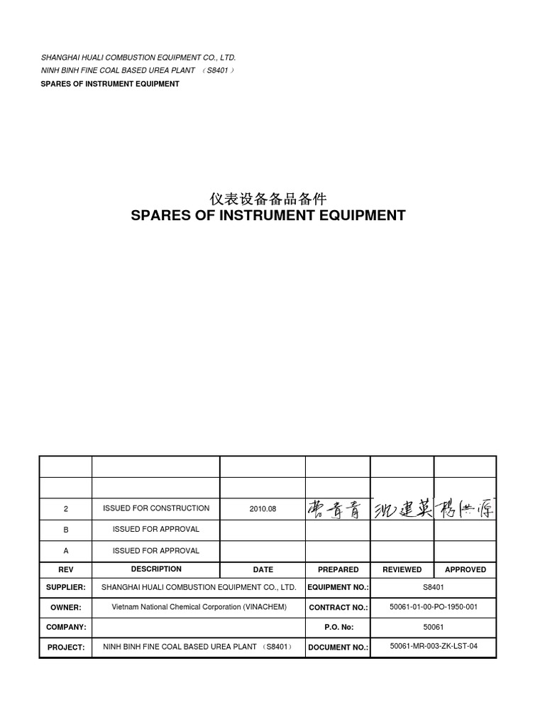 Instrument Equipment Spare Parts List | PDF