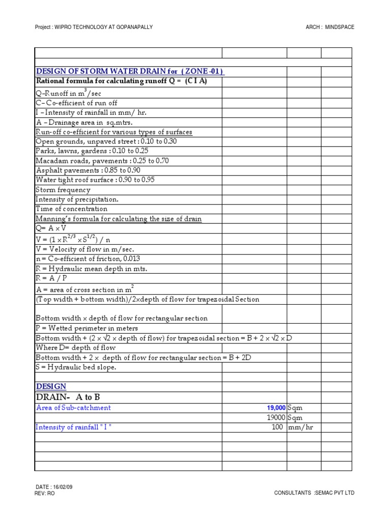 Storm Water Drain Design Calculations | PDF | Road Surface | Drainage Basin