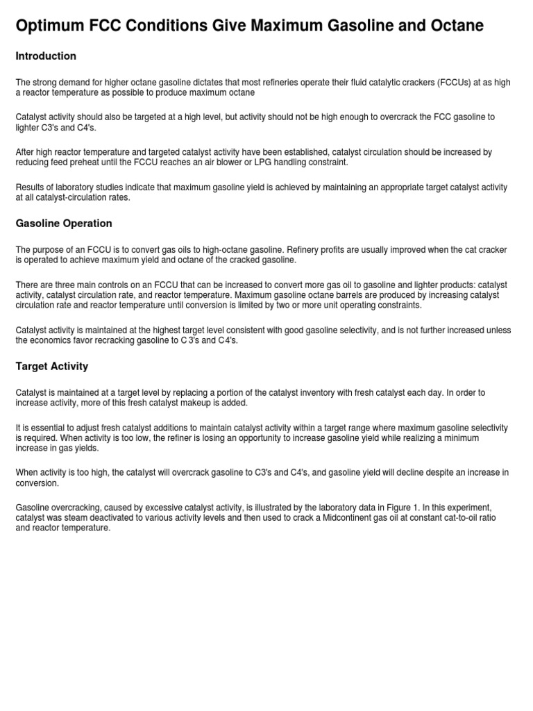 Optimum FCC Conditions Give Maximum Gasoline and Octane | PDF ...