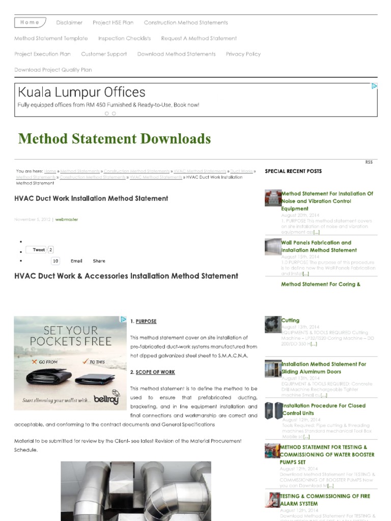 HVAC Duct Work Installation Method Statement PDF