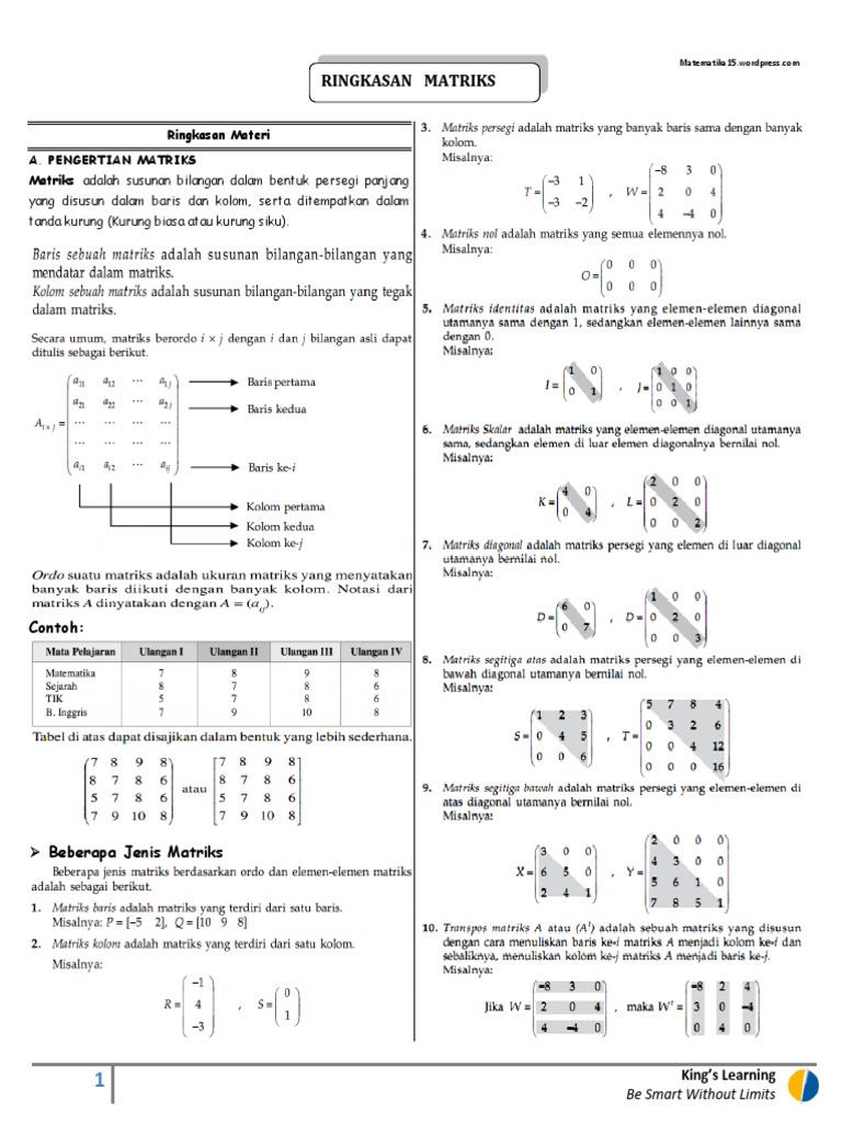 Ringkasan Materi Matriks Kelas 11 | PDF
