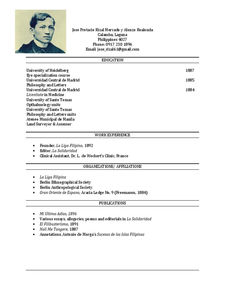 Jose Rizal Resume Philippines Languages