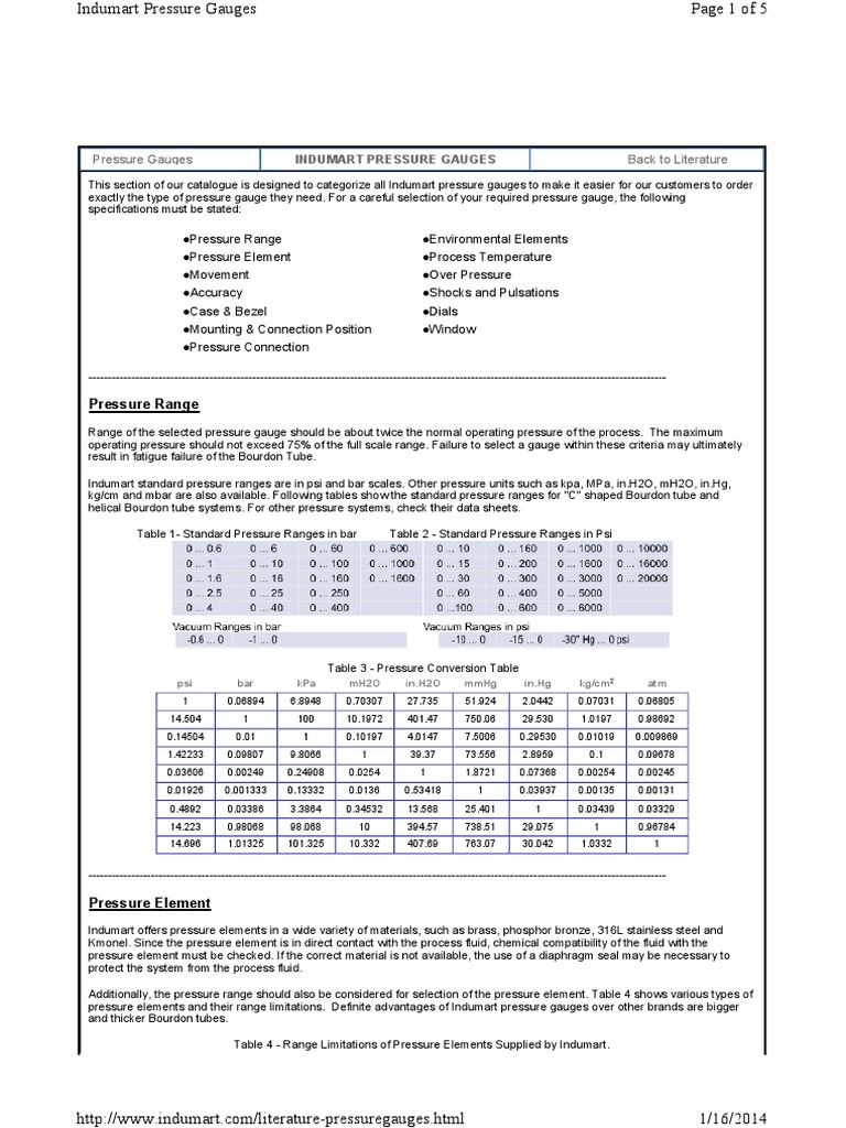 Indumart Pressure Gauges Overview | PDF | Pressure Measurement | Pressure