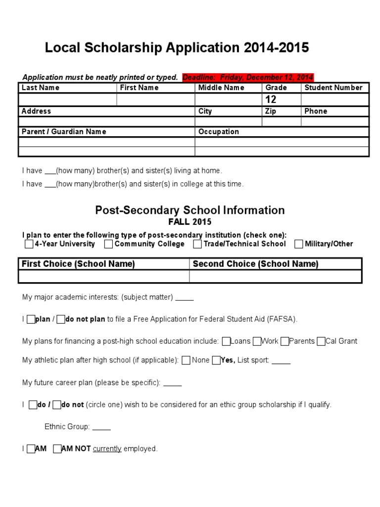 2014-2015 Local Scholarship Application | PDF | Students | Education ...