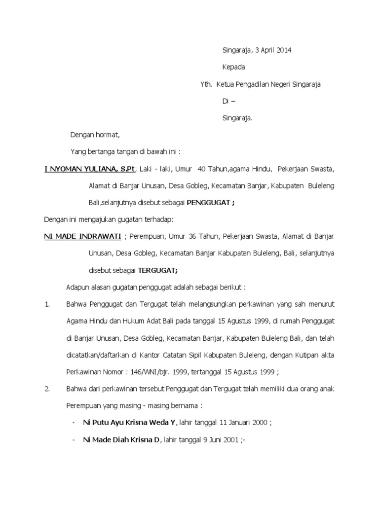 Contoh Gugatan Cerai