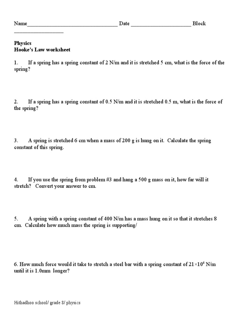 Hooke's Law Worksheet PDF Mass Building Engineering