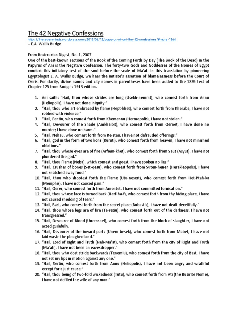 The 42 Negative Confessions | Religious Belief And Doctrine | Bible