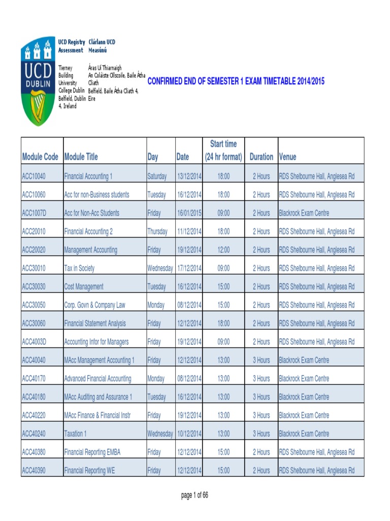UCD Exam Timetable Autumn 2014/2015 | PDF | Dublin | Academic Term