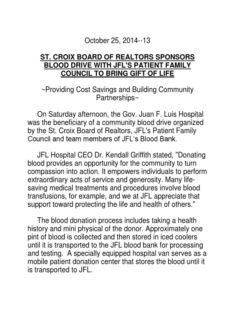 Jfl Press Release October 25 14 13 Blood Donation Medicine