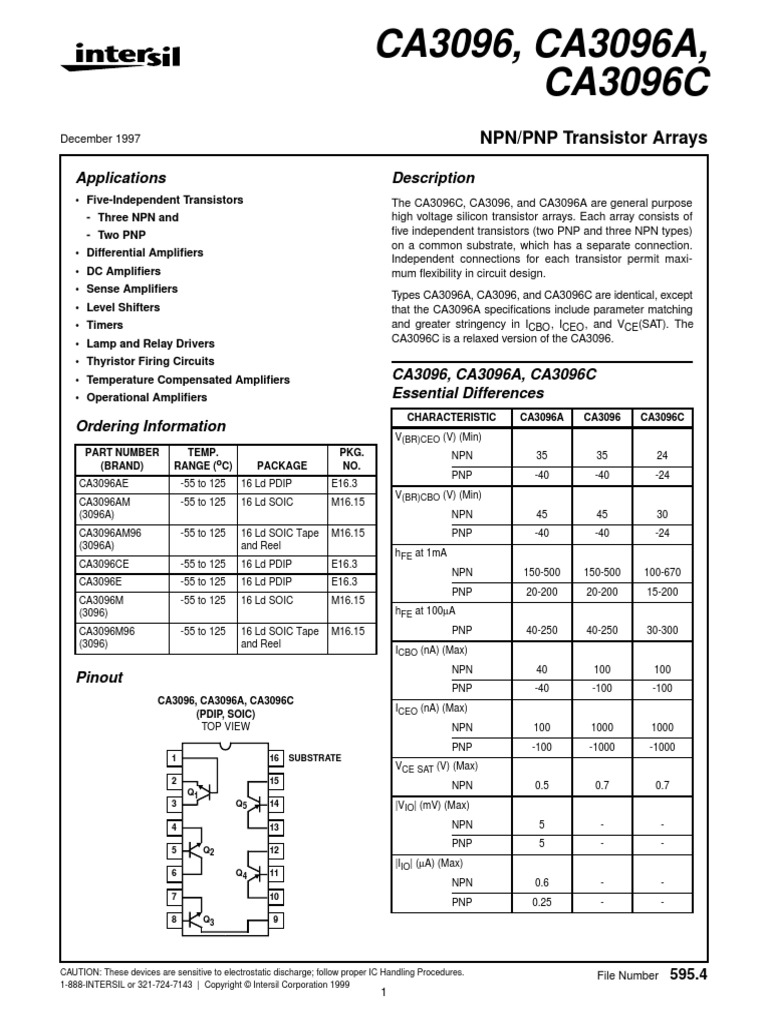 Ca3096 Datasheet | PDF | Bipolar Junction Transistor | Transistor