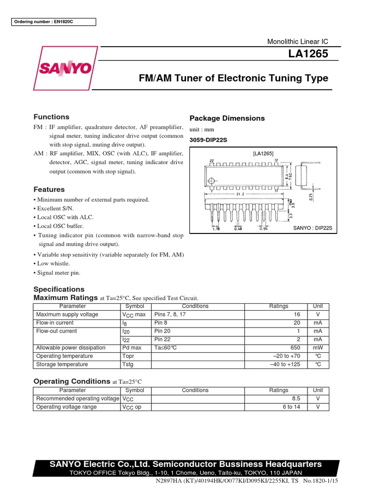 LA1265 FM/AM Tuner IC Datasheet | PDF | Capacitor | Amplifier