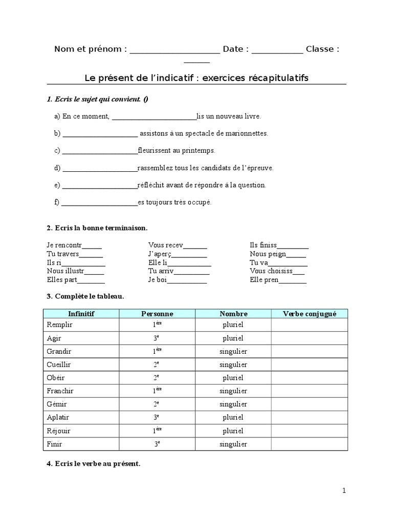 Francais Facile Present De L Indicatif Le présent de l’indicatif: exercices récapitulatifs