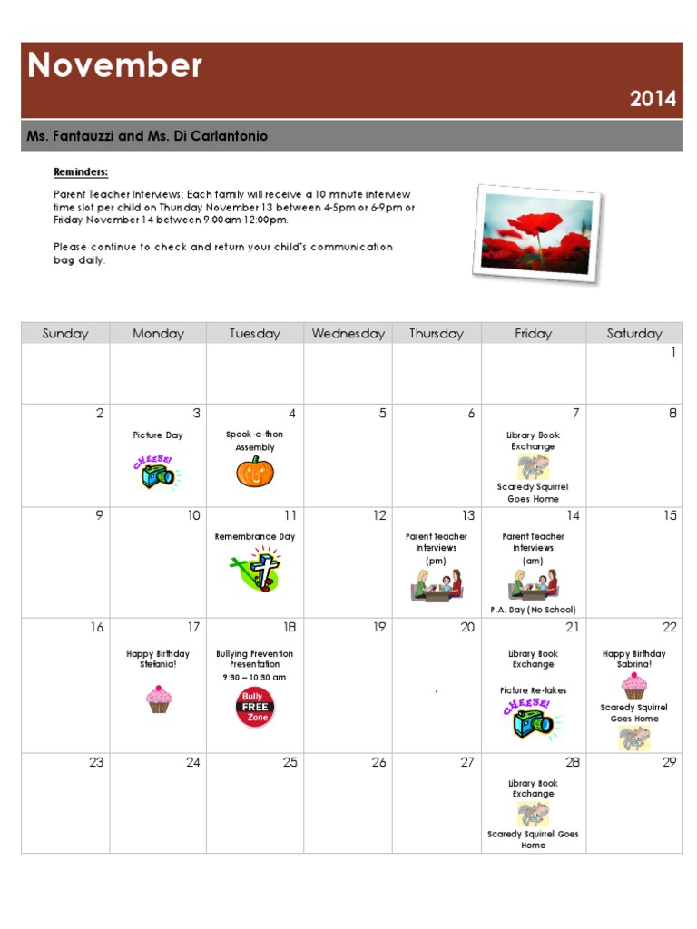November 2014 School Events Calendar | PDF