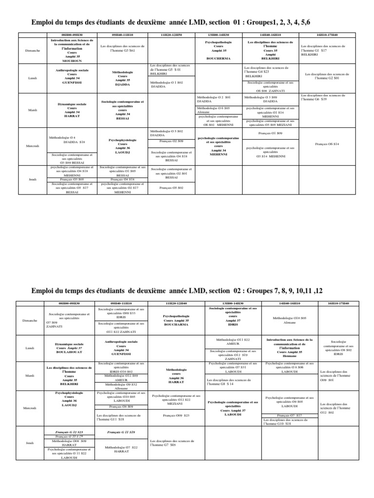 Emploi Du Temps Des Étudiants de Deuxième Année LMD SS PDF | PDF