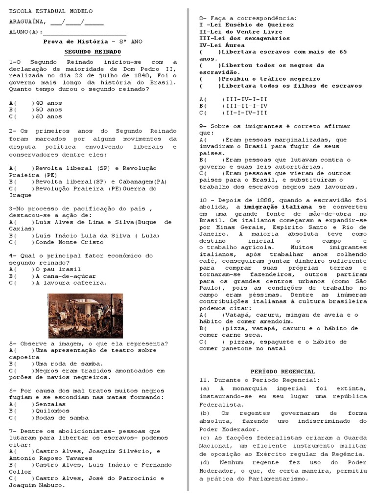 Exercicios Sobre A Escravidão No Brasil 8o Ano Com Gabarito