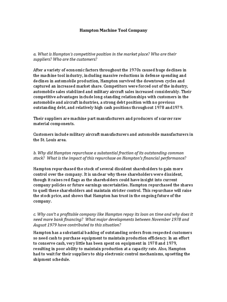Hampton Machine Tool Company PDF Stocks Debt