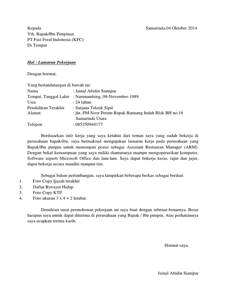 Contoh Surat Lamaran Kerja Pdf