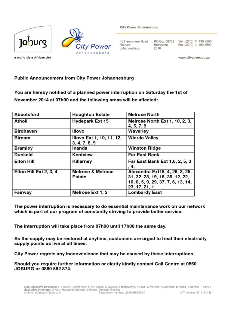 City Power Johannesburg Maintenance Notice | PDF | Home & Garden