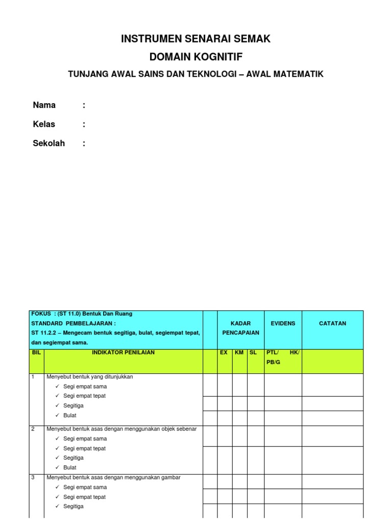 Instrumen Senarai Semak Bentuk Geometri | PDF | Metode & Bahan Ajar