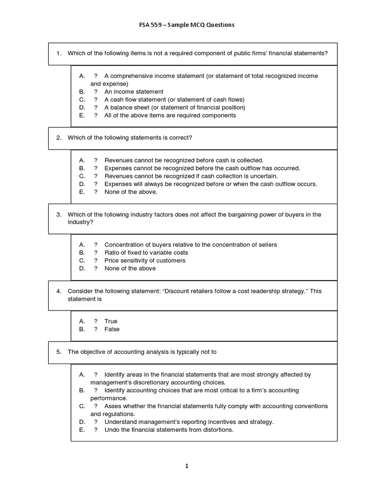 Understanding Financial Statements Sample Multiple Choice Questions