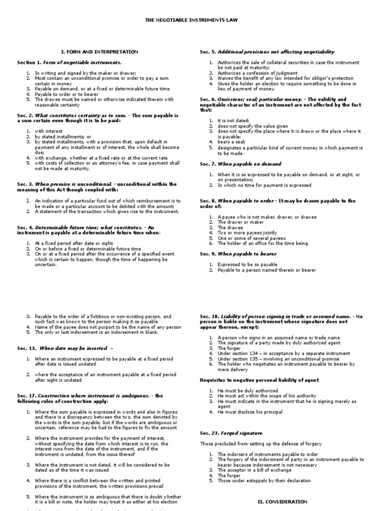 Nego Codal Enumeration Negotiable Instrument Promissory Note
