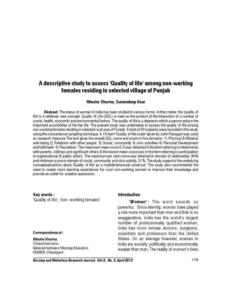 A Descriptive Study To Assess 'Quality of Life' Among NonWorking PDF