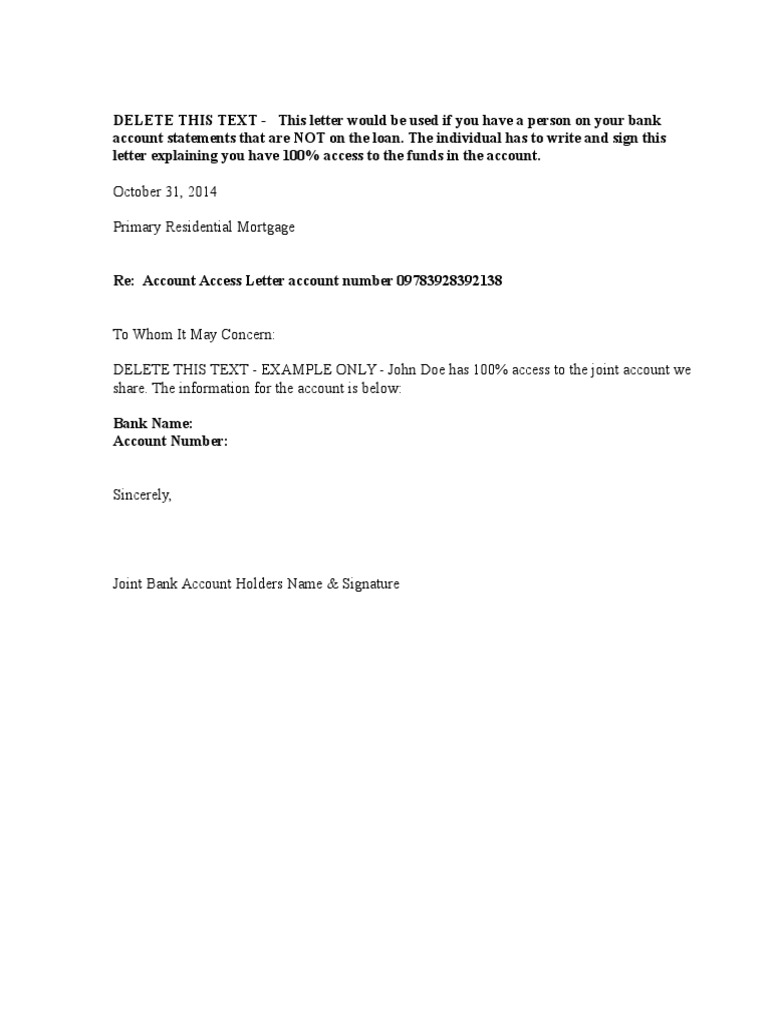 Account Access Letter For Joint Bank Statements PDF
