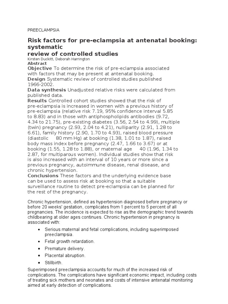 Risk Factors For Pre-Eclampsia at Antenatal Booking: Systematic Review ...