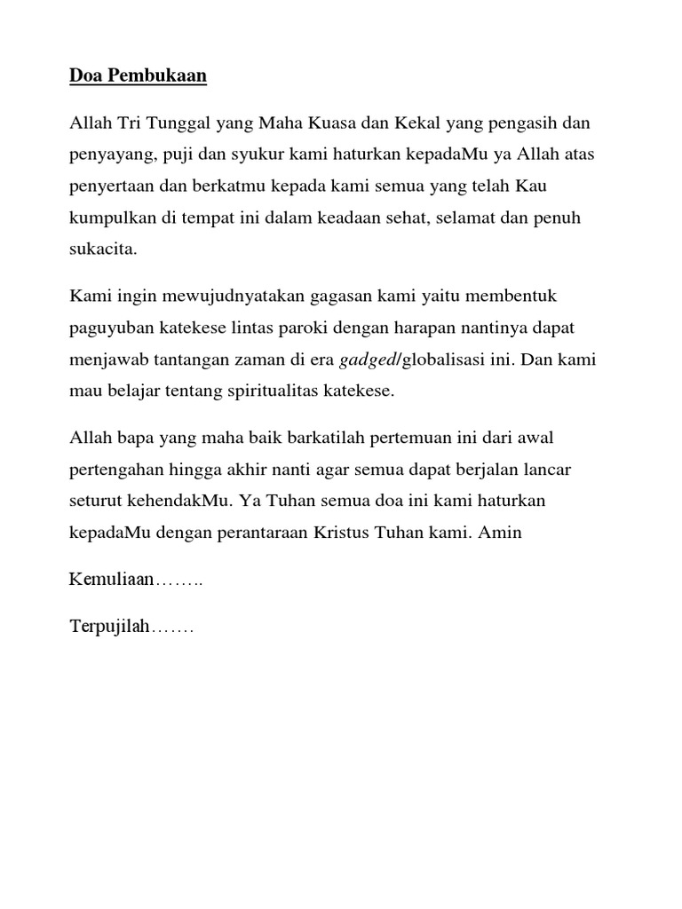 Doa Pembukaan Pertemuan Katekese