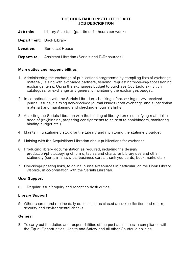 The Courtauld Institute of Art Job Description Job Title Department