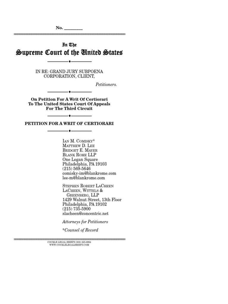 In Re Grand Jury Cert Petition PDF Certiorari AttorneyClient