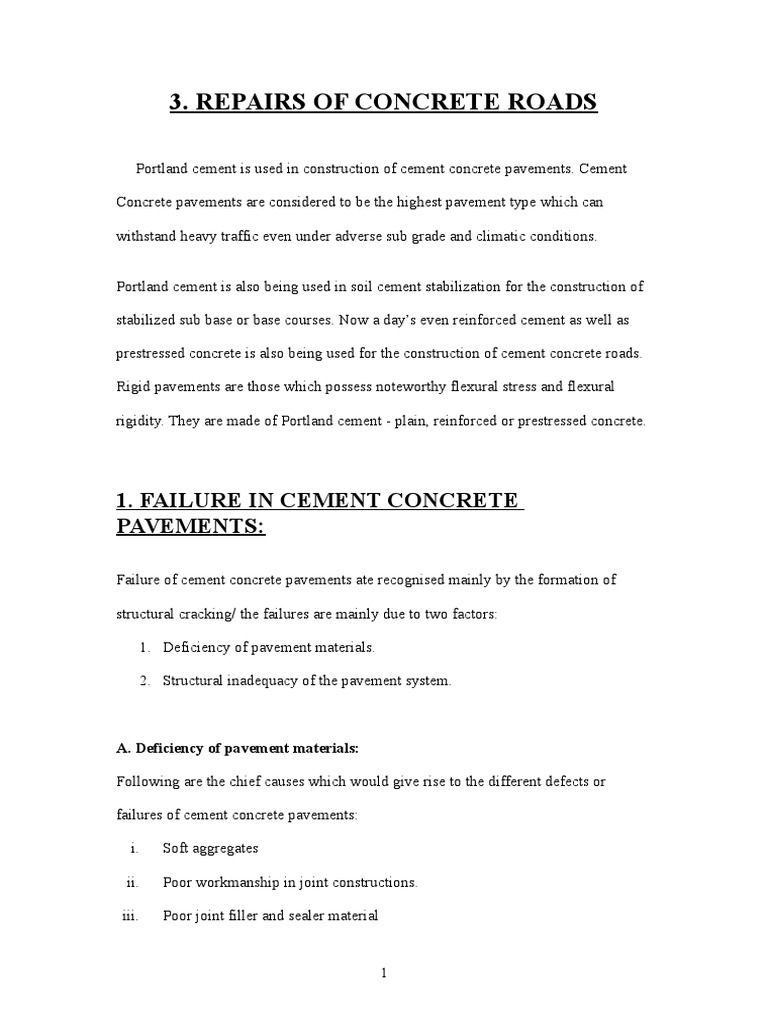 Repairs of Concrete Roads: 1. Failure in Cement Concrete Pavements ...