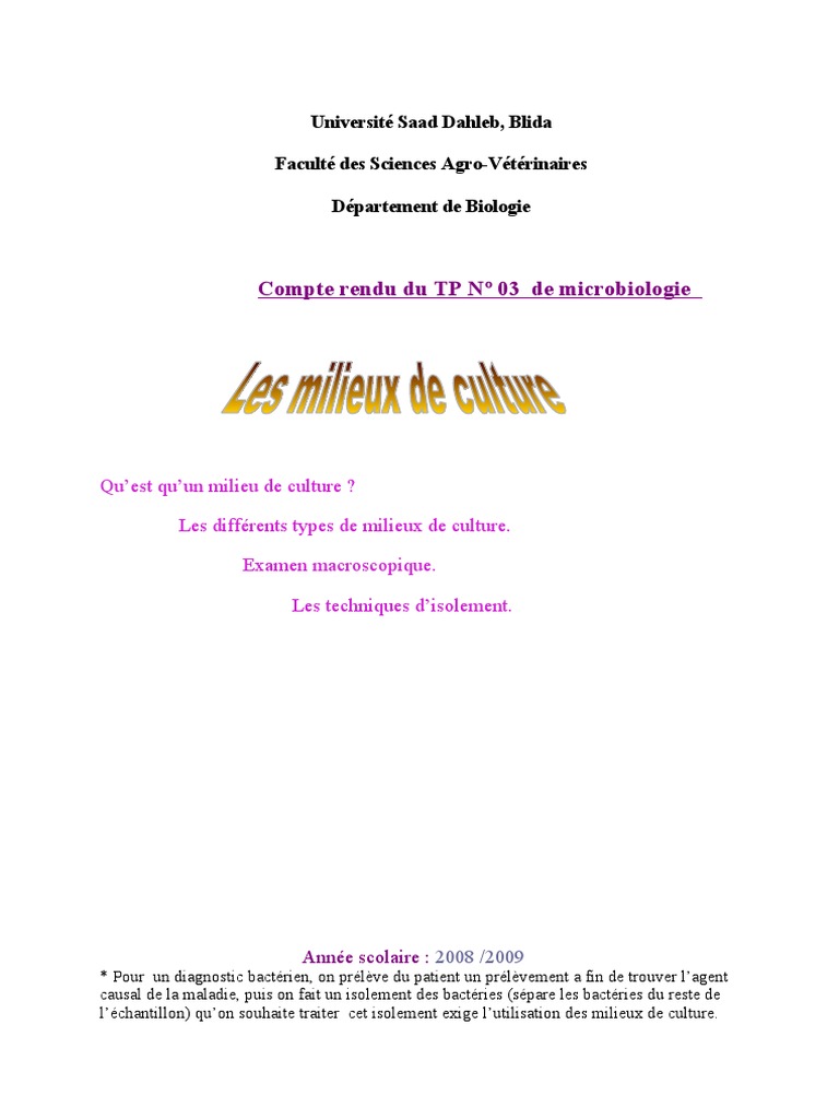 Types de milieux de culture en microbiologie | PDF | Bactérie | Milieu