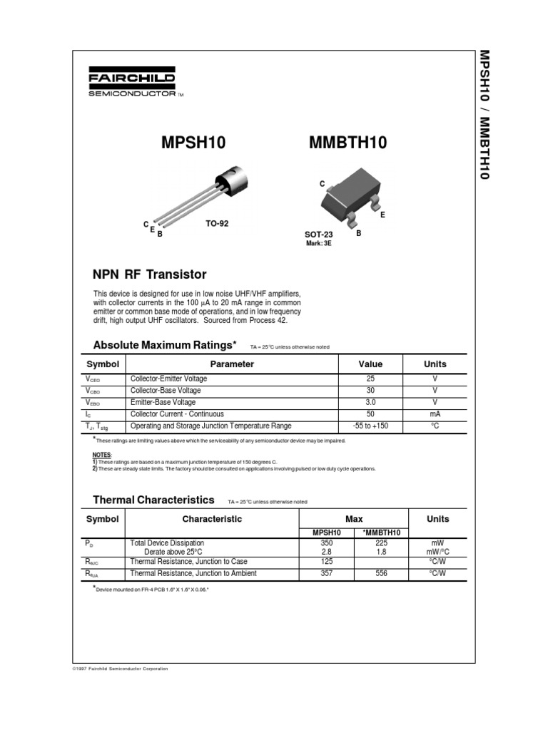 Hoja de datos del transistor MPSH10 Bipolar Junction Transistor
