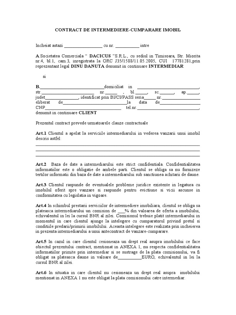 Contract De Intermediere Cumparare Imobil