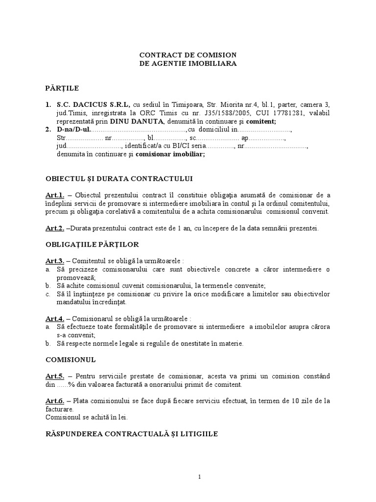 Contract De Comision Agent Imobiliar