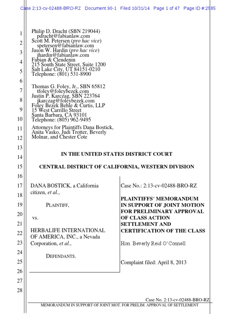 Dana Bostick V Herbalife Plaintiffs' Memorandum in Support of Joint