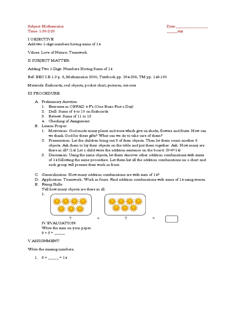 Grade 1 Addition Lesson Plan: Sums of 14 | PDF | Teaching Mathematics ...