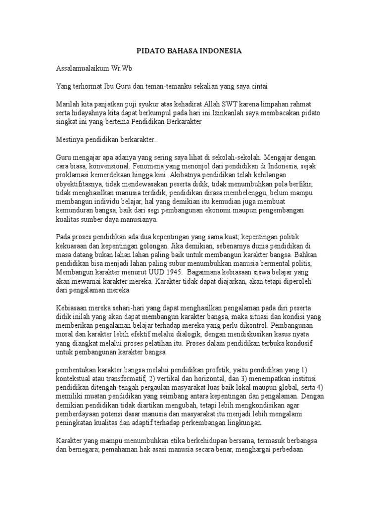 Pidato Bahasa Indonesia Pendidikan Berkarakter