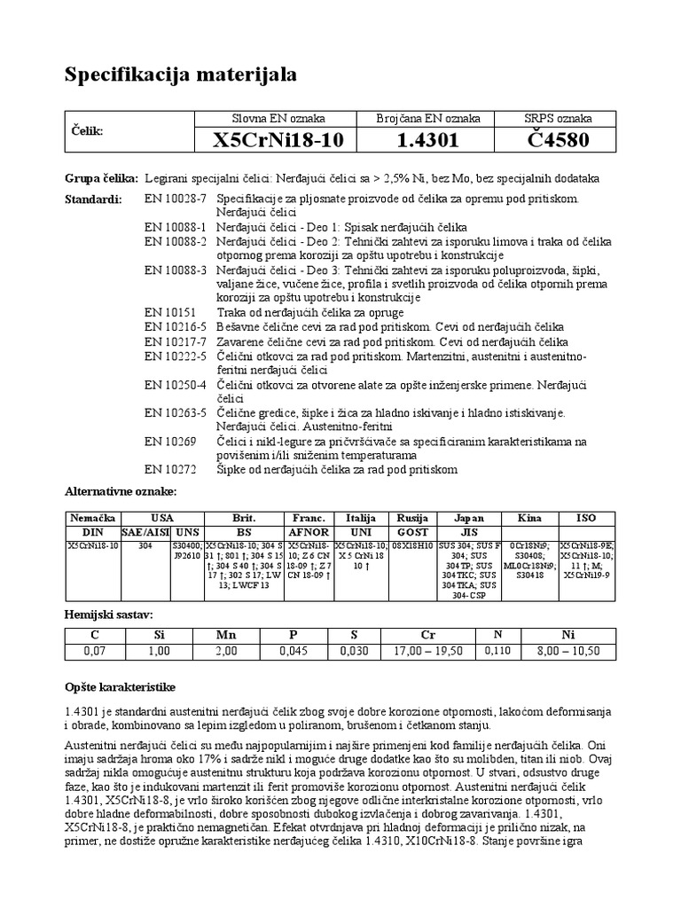 Nerdjajuci Celici1.4301 X5CrNi18-10 | PDF