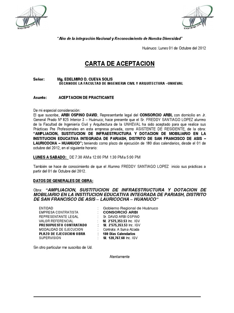 Carta De Aceptacion Para Practicas Profesionales PDF