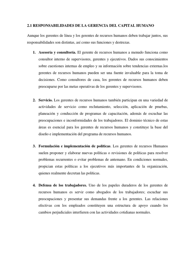 Responsabilidades de La Gerencia Del Capital Humano | Descargar gratis