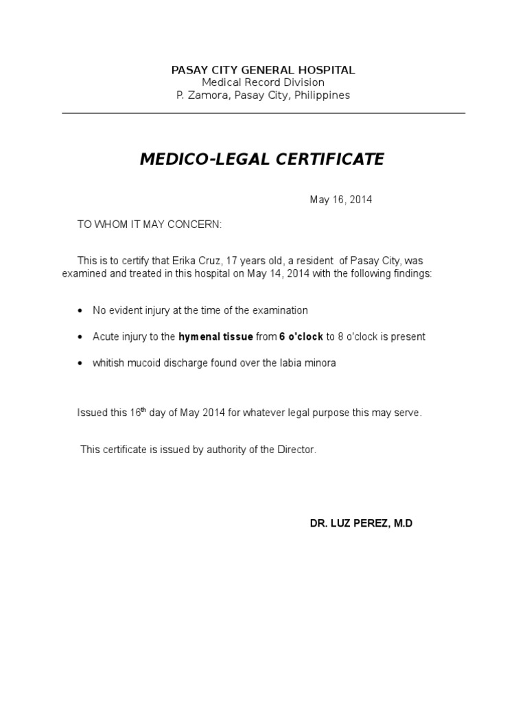 MedicoLegal Certificate Pasay City General Hospital PDF